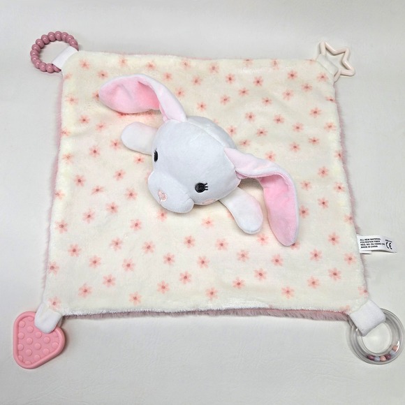 Dreamgro Other - Dreamgro White Bunny Baby Security Blanket Pink Floral Teether Rattle Lovey 12"